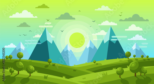 Serene Mountain Landscape with Rolling Hills and a Bright Sun in a Flat Design