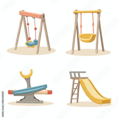 Vibrant cartoon collection of classic playground equipment for children, featuring various swings, a fun seesaw, and an inviting slide, perfect for outdoor play areas
