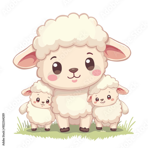 Charming illustration of a mother sheep with two adorable lambs standing in lush green grass, perfect for children's books and nature-themed designs