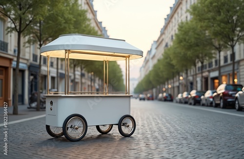 Fototapeta Naklejka Na Ścianę i Meble -  White street vending cart with canopy stands on cobblestone street next to parked cars. Empty mobile shop awaits customers on city sidewalk lined with trees and buildings. Ready for business