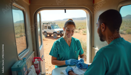 Fototapeta Naklejka Na Ścianę i Meble -  Two medical pros in teal scrubs work inside a van, outdoors. A rugged vehicle waits in dry landscape, suggesting care delivery to remote rural communities. Mobile health aid is in action.