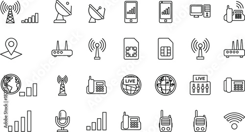 Large Set of Outline Vector Icons Representing Communication, Connectivity, Technology, and Wireless Concepts, Including Wi-Fi