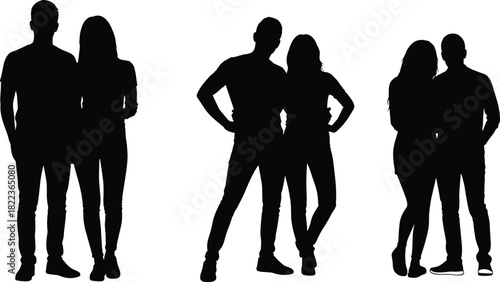 Set of Three Black Silhouette Vector Illustrations of Young Adult Couples Posing Together, Showing Love and Relationship Concepts, Isolated on White Background for Graphic Design Elements.