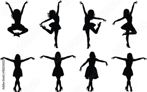 Set of Eight Black Silhouette Vector Illustrations of Young Women Dancing in Various Dynamic Poses and Short Skirts, Concept of Dance, Performance, Energy, and Fitness, Isolated on White Background.