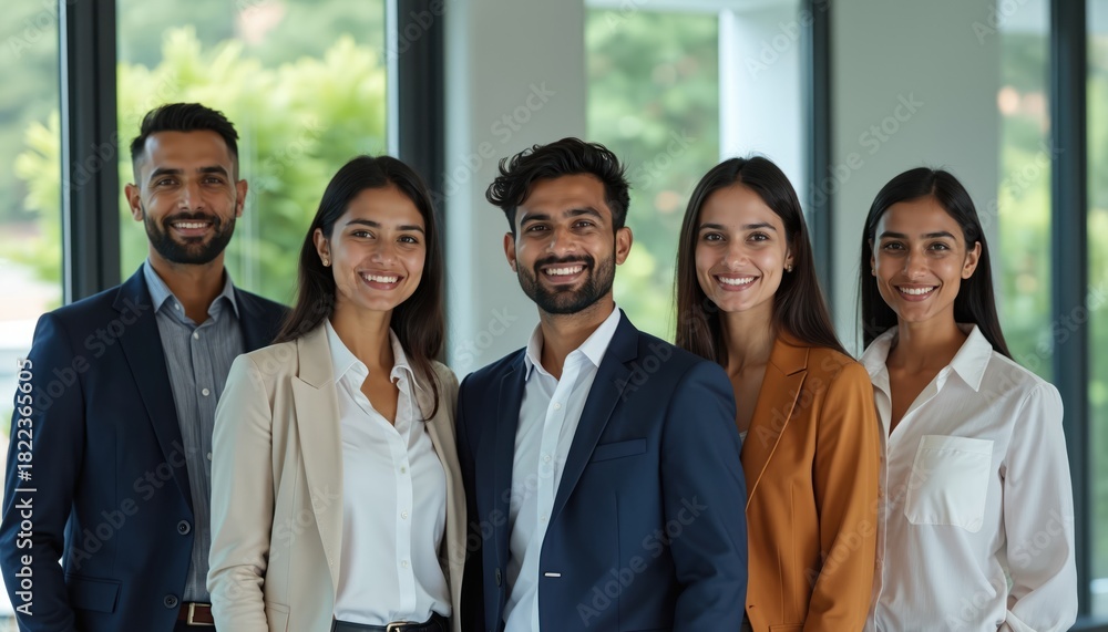 Obraz premium Five Indian professionals smile for a group photo in a modern office. Teamwork and collaboration evident in their confident attire and relaxed poses. They represent a diverse workforce.