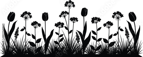 Black Silhouette Vector Illustration of a Detailed Flower Bed Border with Tulips, Wildflowers, and Grass, Concept of Nature, Spring, Garden, and Floral Background or Decoration, Isolated on White.