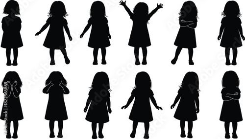 Silhouettes of Young Girls in Different Poses Vector Illustration Collection: Standing, Happy, Sad, Playful Childhood Figures with Long Hair for Graphics and Design