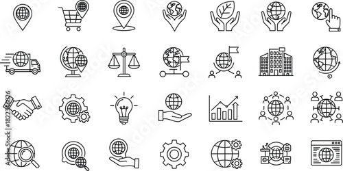 Large Set of Outline Vector Icons Representing Globalization, Global Business, International Trade
