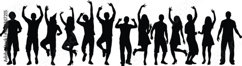 Large Group of Black Silhouette Vector Illustrations of Young Men and Women Dancing and Celebrating with Hands Raised, Concept of Party