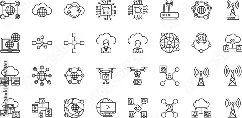 Large Set of Outline Vector Icons Representing Global Networking, Cloud Computing, Data Connection, and Communication Technology, Including World Globe, Router, CPU