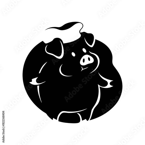 Black and white illustration of a cheerful pig wearing a chef's hat, set against a dark, circular background.