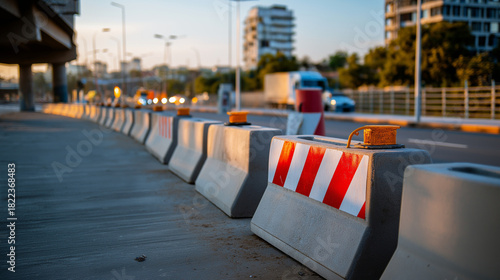 Concrete barriers lining a partially completed road, infrastructure safety concept, with copy space