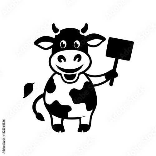 Cartoon cow smiling and holding a blank black sign in its right hand, isolated on a white background.