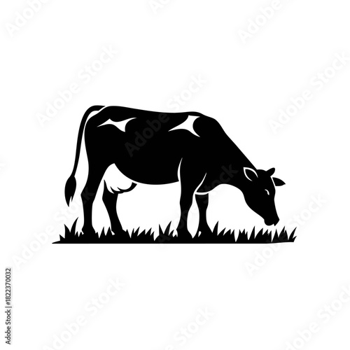 A black and white vector illustration of a cow grazing in a field of grass, head down, in a simple, stylized design.
