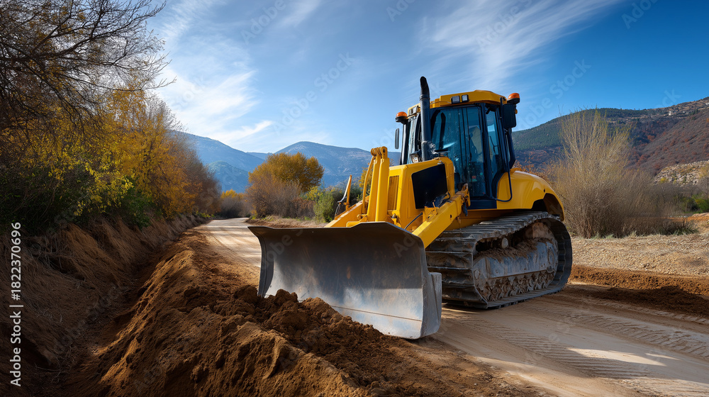 Obraz premium Bulldozer moving earth to widen existing road, land development scene, with copy space