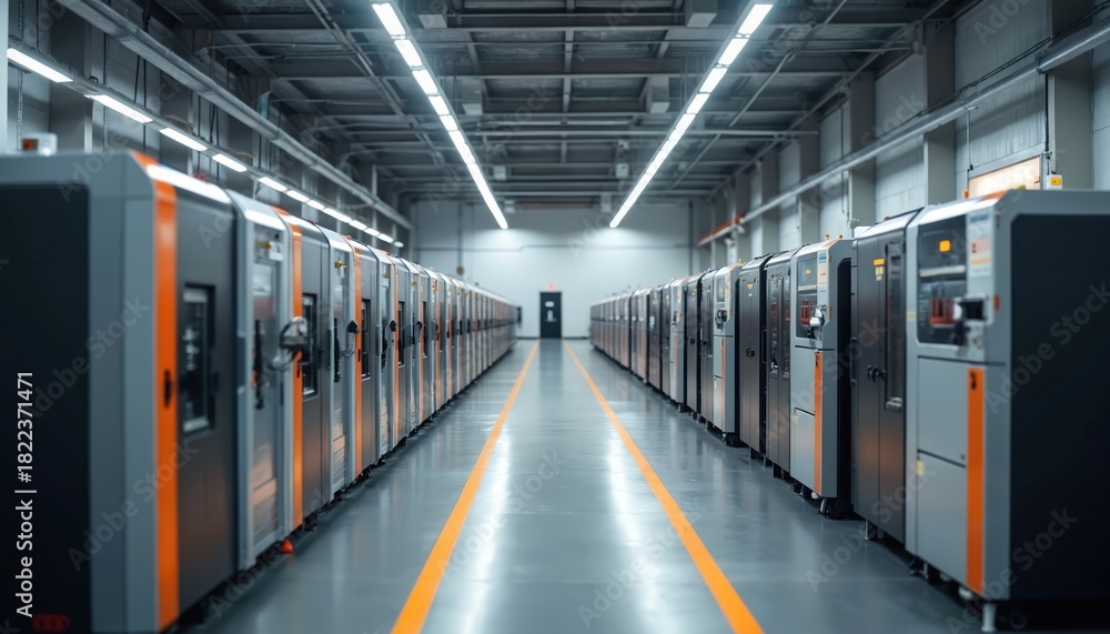 Fototapeta premium Large industrial printing machines in production facility. Modern digital printing equipment at factory. Machinery creates commercial packaging. Industrial process inside printing plant. Print