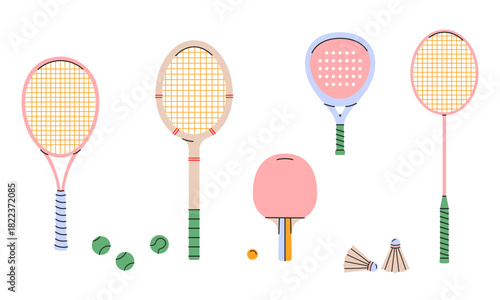 Various sports rackets tennis,wooden racket,badminton,table tennis,padel.Ideal for educational, design and infographic.Colorful illustration isolated on white background.Rackets with balls.EPS 10