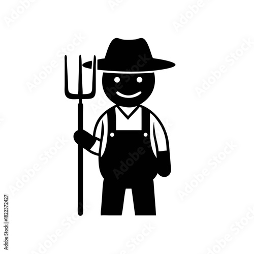 A black and white icon of a farmer wearing overalls and a hat, holding a pitchfork. The farmer is smiling.