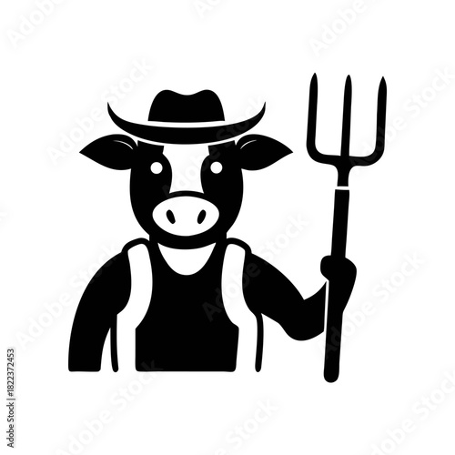 Black and white illustration of a cow wearing a hat and overalls, holding a pitchfork, representing agriculture.