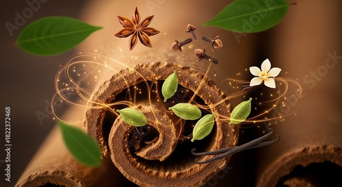 An enchanting and aromatic blend of whole spices featuring cinnamon sticks, star anise, and cardamom, releasing a fragrant, golden essence