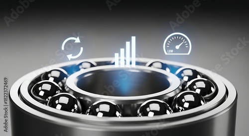 Futuristic concept of a smart ball bearing with a digital interface showing performance data, speed, and efficiency for modern industrial machinery