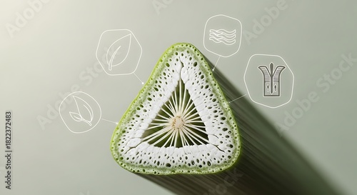 Close-up of a plant stem cross-section showcasing its internal structure with illustrative icons highlighting botanical details