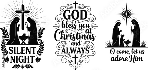 Christian Christmas quote designs, nativity scene silhouettes, inspirational holiday scripture artwork, religious typography illustrations celebrating faith, Jesus birth, and worship