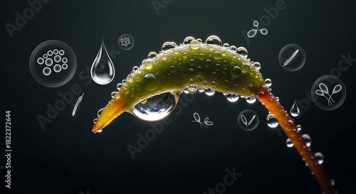 Detailed Macro Shot of a Plant Stem with Water Droplets and Illustrated Biological Elements