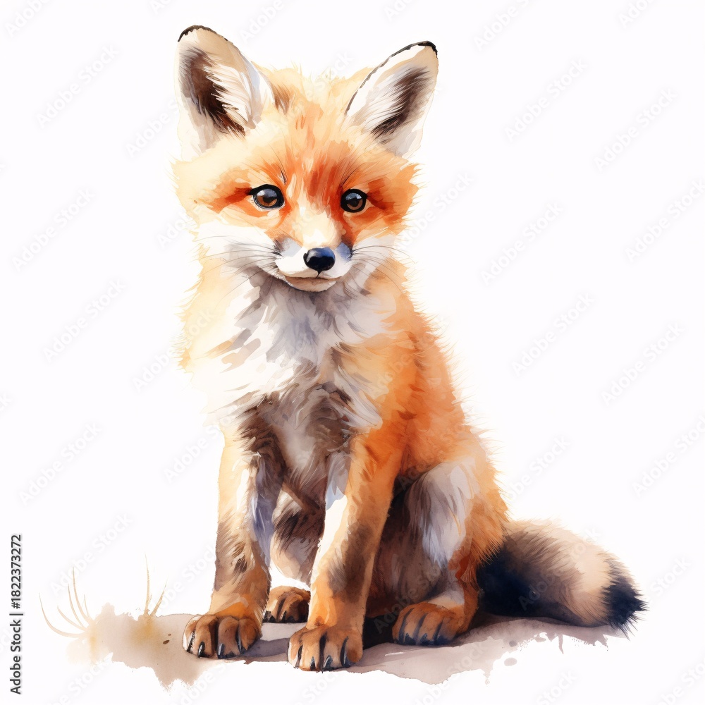 Obraz premium Adorable baby fox sitting calmly with its tail curled around its paws in watercolor style