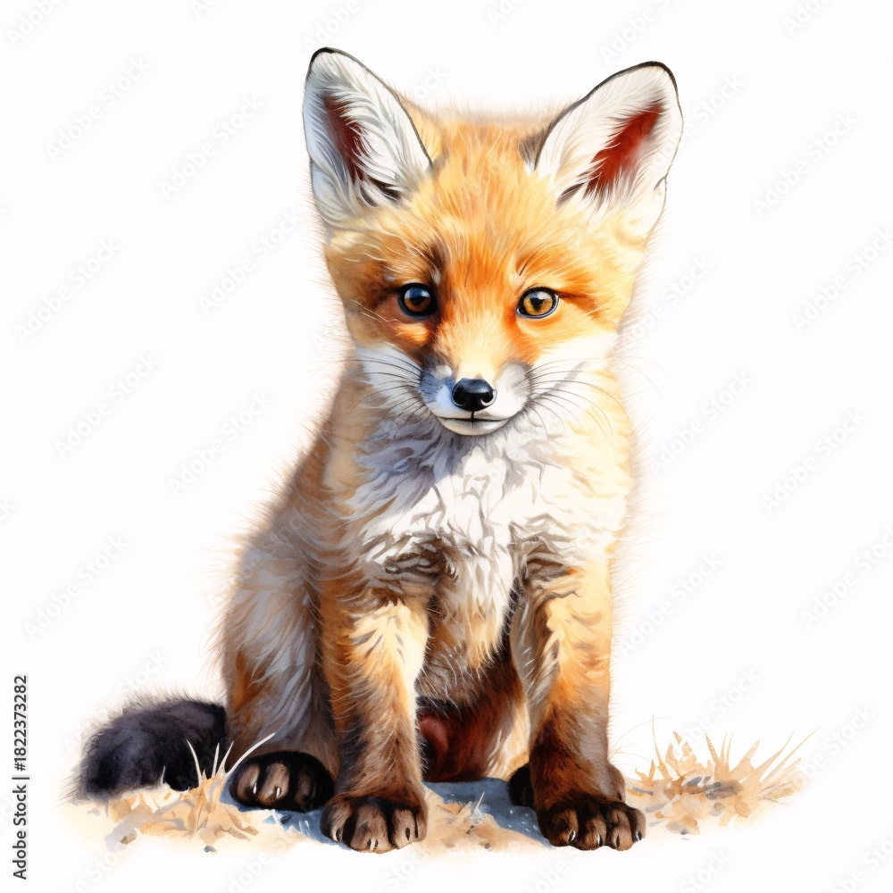 Obraz premium Adorable fox cub sits attentively in a simple watercolor style illustration