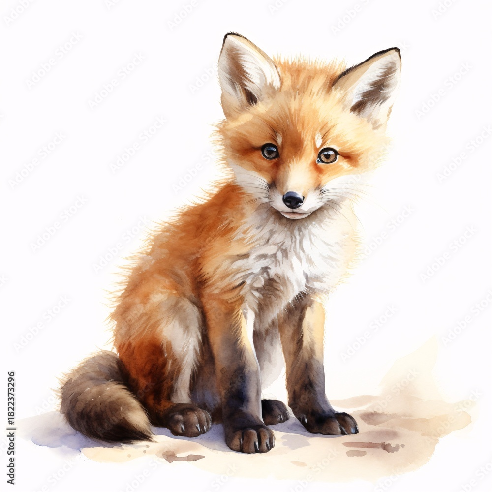 Obraz premium Cute little fox cub sitting on white background in watercolor style