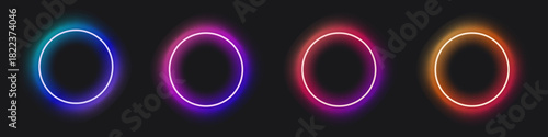 Vibrant neon circles with glowing halos in blue, purple, red, and orange, perfect for modern visual design concepts.