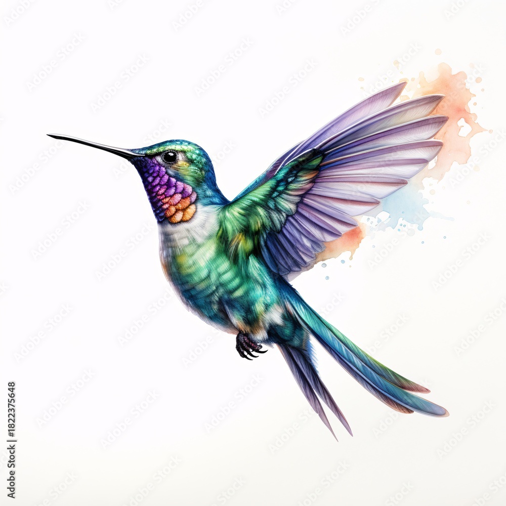 Fototapeta premium Elegant hummingbird hovers with wings spread in watercolor style