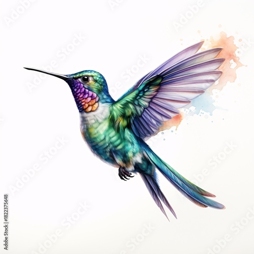 Elegant hummingbird hovers with wings spread in watercolor style