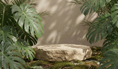 Podio de piedra natural rodeado de hojas verdes tropicales para exhibición de productos.