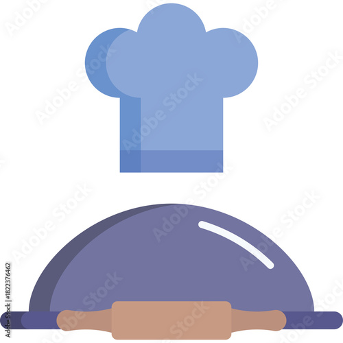 Fotografía Blue Chef Hat Over Serving Dome and Rolling Pin on White Background