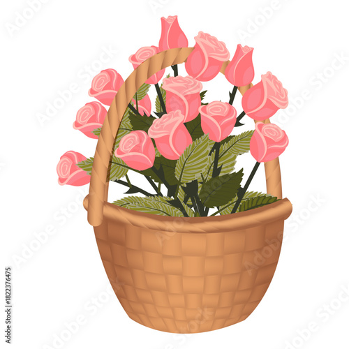 A large bouquet of pink roses in a basket. Vector illustration isolated on a white background.