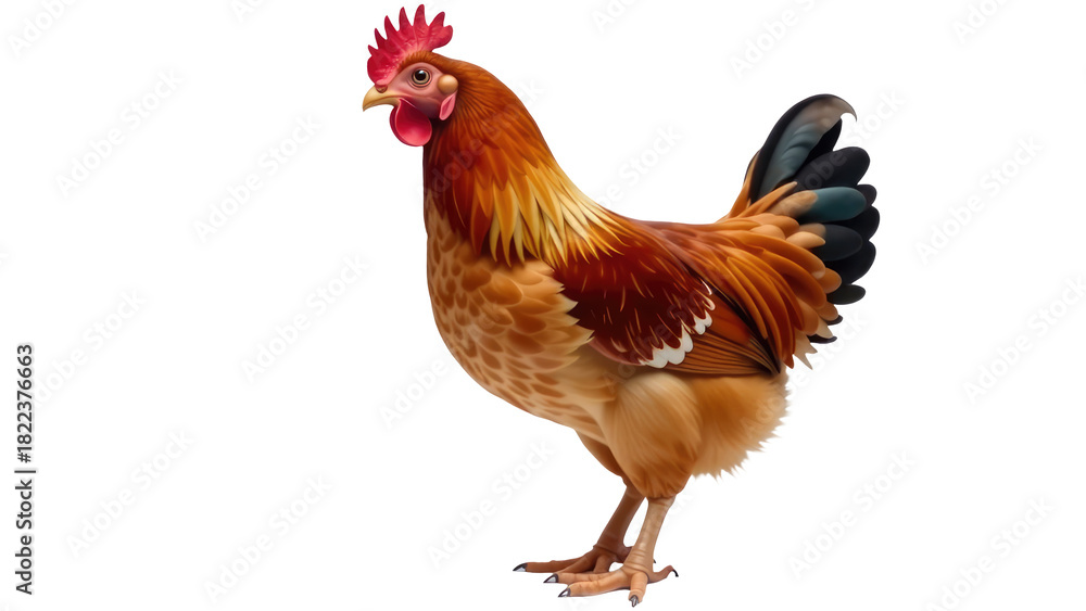 Fototapeta premium A rooster stands proudly on a white surface, its feathers glistening in the light