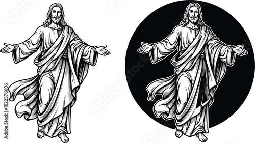 Jesus illustration with open arms, Savior artwork, Christian religious figure design, divine blessing pose, spiritual faith graphic, holy biblical depiction
