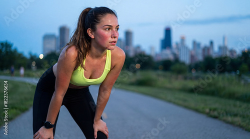 Exhausted young woman runner resting with hands on knees and catching her breath on a park path after a run, with a city skyline in the background during twilight.