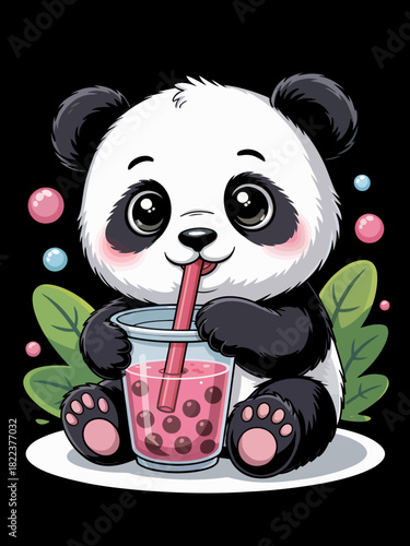 A cartoon panda sits cheerfully on a platform, sipping bubble tea through a straw.