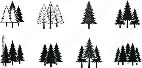 Evergreen tree icons, pine forest silhouettes, fir tree illustrations, nature woodland graphics, winter forest symbols, vector design elements for outdoor themes