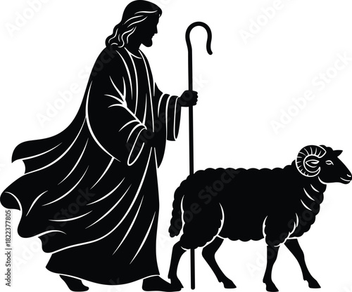 Shepherd walking with ram illustration, biblical pastoral silhouette artwork, Christian faith symbolism, guiding shepherd figure and sheep vector design