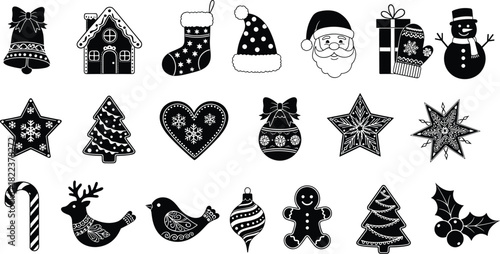 Christmas icon bundle illustration, festive holiday silhouette set with Santa, stars, trees, candy cane, ornaments, gingerbread and winter elements