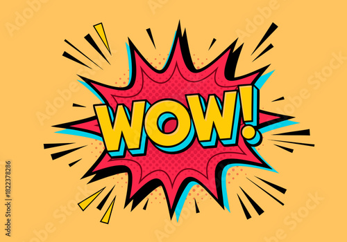 Exciting comic book style speech bubble with 'WOW!' text, bursting with energy and vibrant colors on a solid background