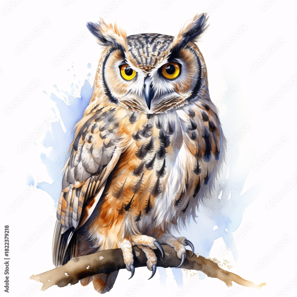 Naklejka premium Watercolor illustration of a long-eared owl perched on a branch against a white background