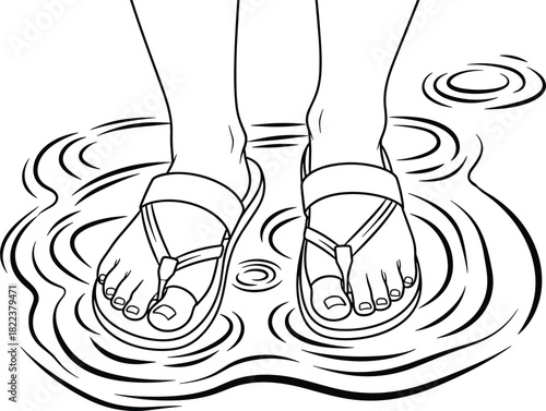 Feet standing in water illustration, sandals splash line art drawing, minimal outline design, ripples and reflection graphic vector style