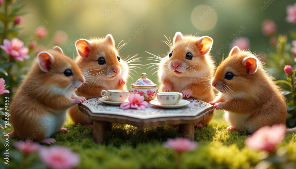 Fototapeta premium Four cute golden hamsters tea party meeting in sunny garden. Adorable furry friends sit together at miniature table. Tiny rodent pets drink tea from small cups, talking, socializing amongst pink