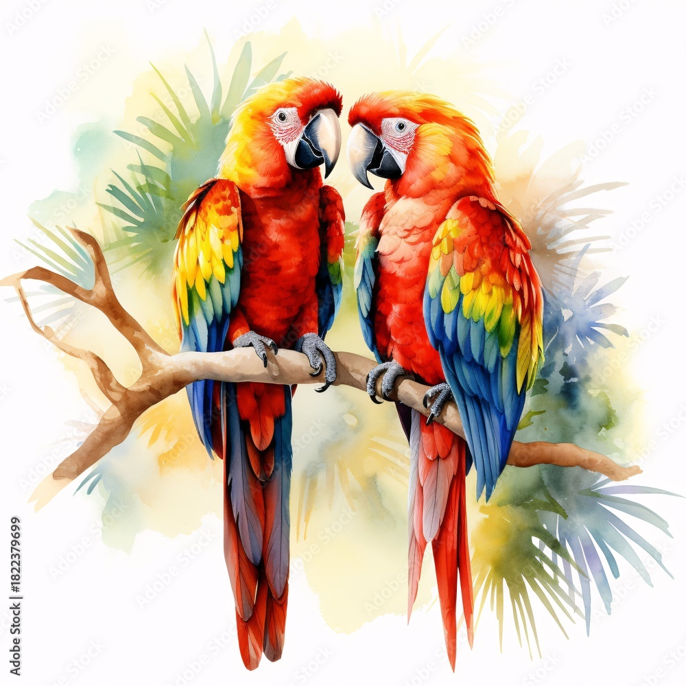 Fototapeta premium Two scarlet macaws perched together on a branch with a tropical background