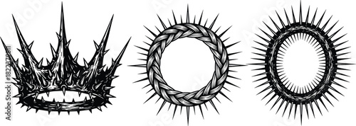 Crown of thorns illustration, religious Christian symbolism artwork, detailed thorn wreath vector, sacred passion symbol design for faith and spirituality themes